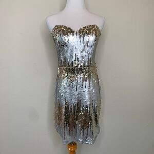 NWT Silver Gold Sequin Strapless Mini Dress Medium Cocktail